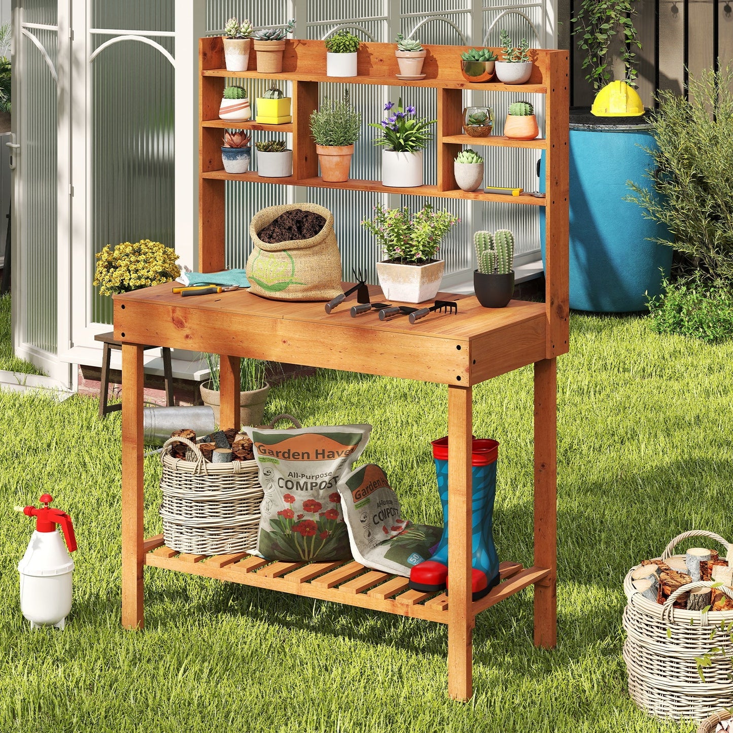 Wooden Potting Bench Table 61" Garden Planting Workstation with 3-Tier Open Shelf-Brown