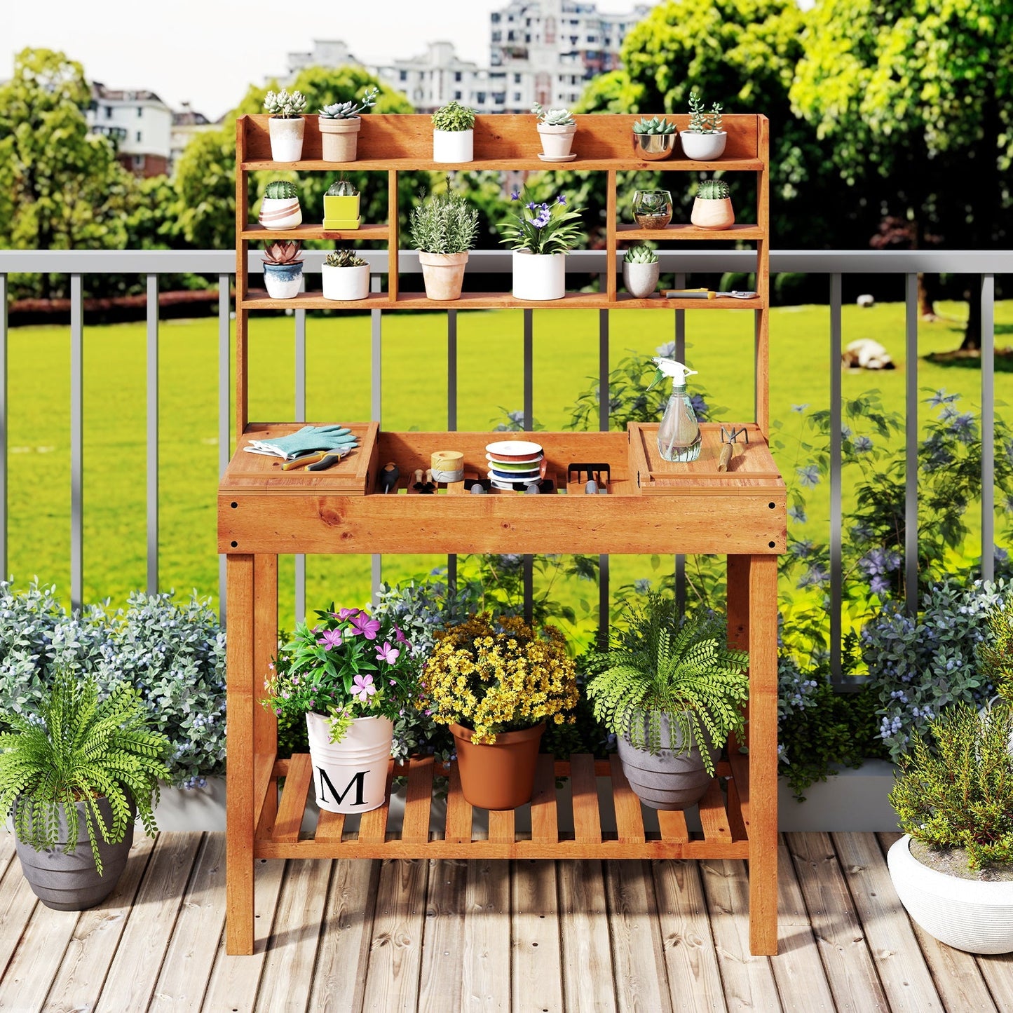Wooden Potting Bench Table 61" Garden Planting Workstation with 3-Tier Open Shelf-Brown