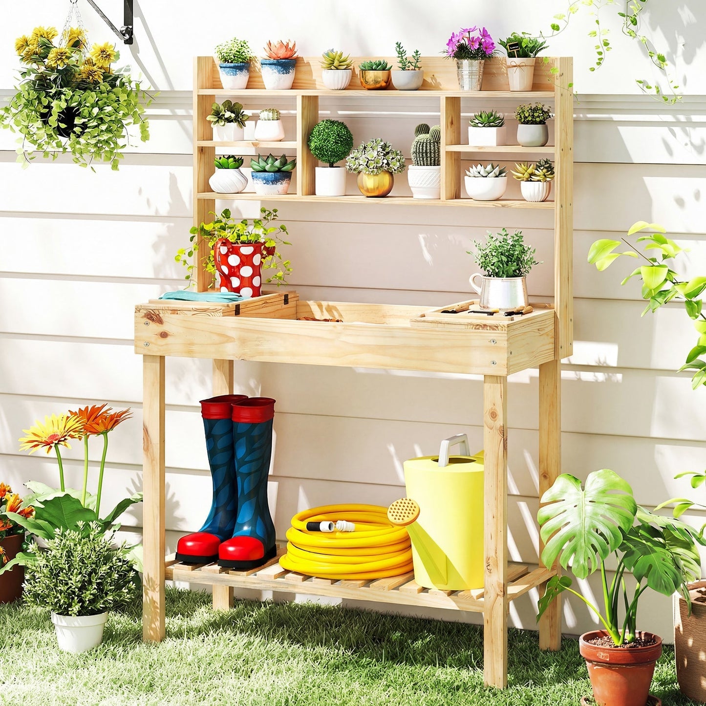 Wooden Potting Bench Table Garden Planting Workstation with 3-Tier Open Shelf