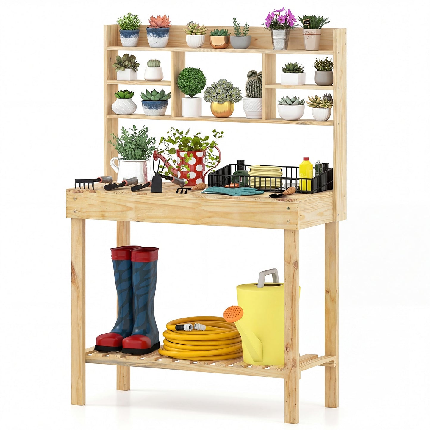 Wooden Potting Bench Table Garden Planting Workstation with 3-Tier Open Shelf