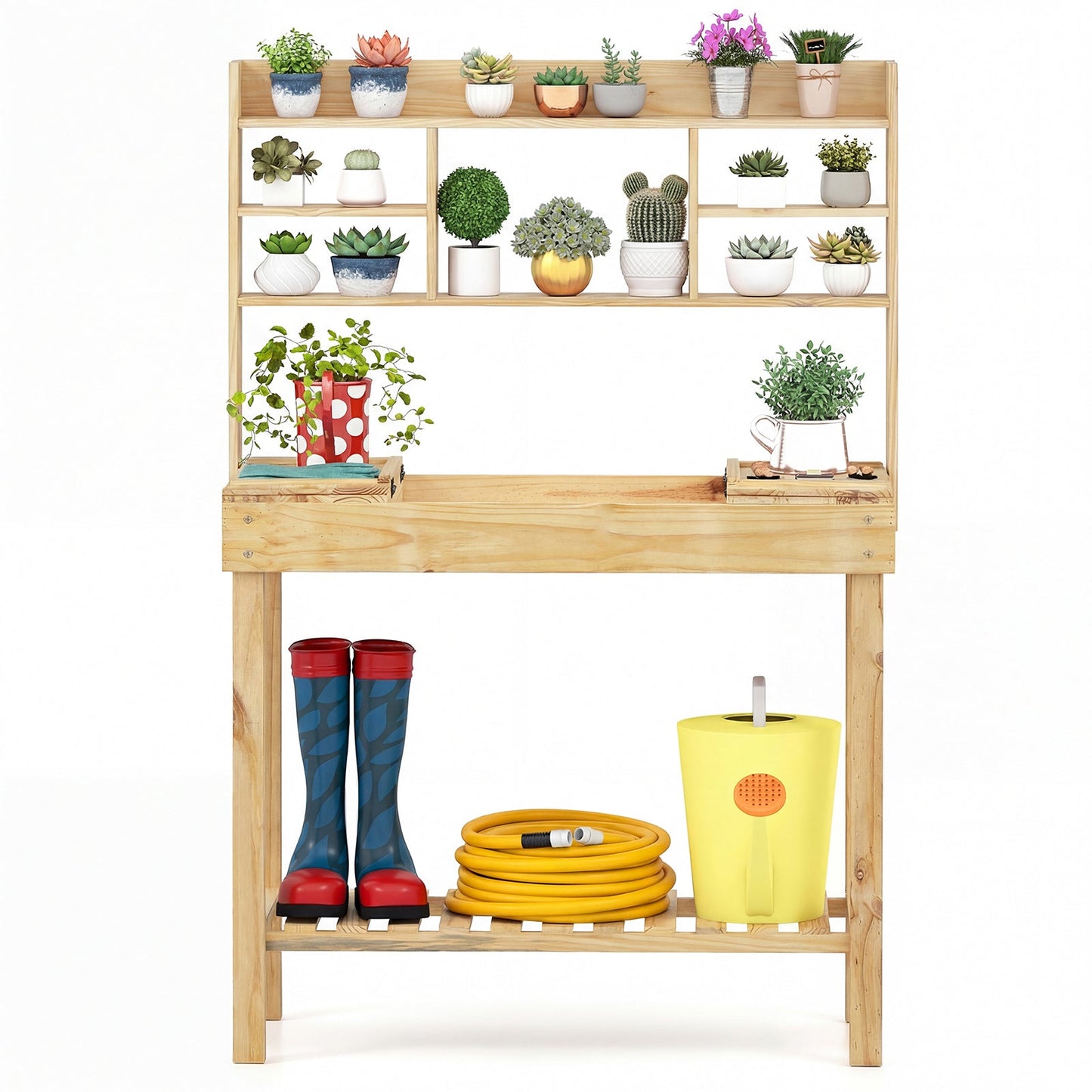 Wooden Potting Bench Table Garden Planting Workstation with 3-Tier Open Shelf