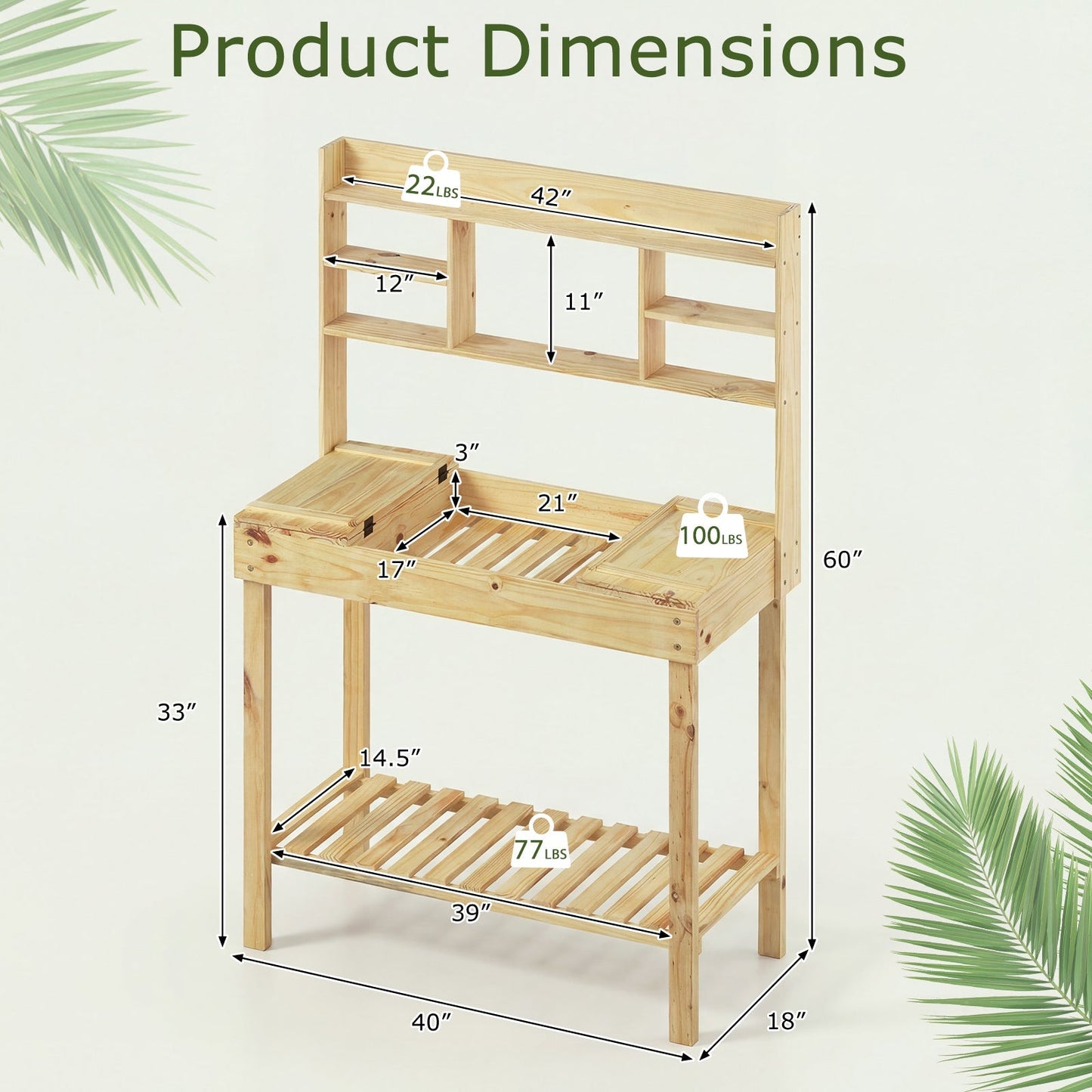 Wooden Potting Bench Table Garden Planting Workstation with 3-Tier Open Shelf
