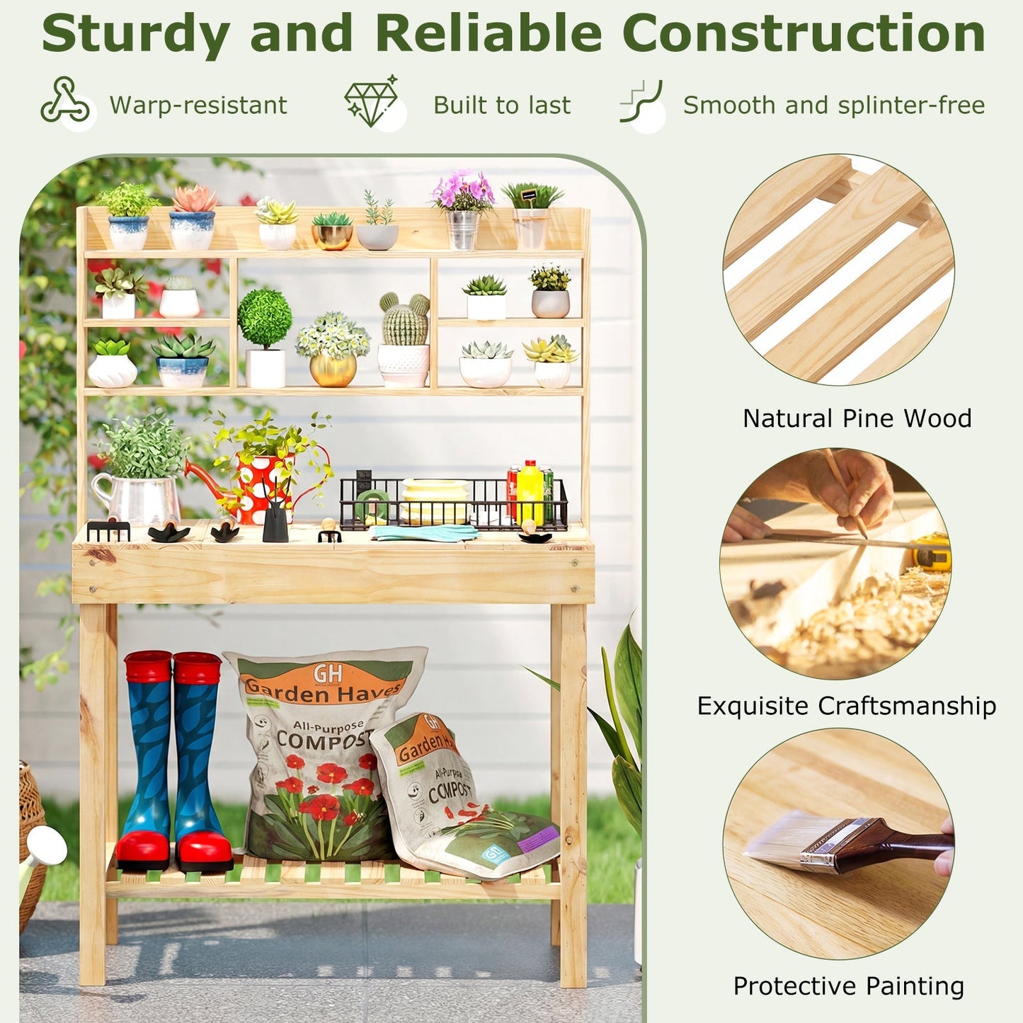 Wooden Potting Bench Table Garden Planting Workstation with 3-Tier Open Shelf