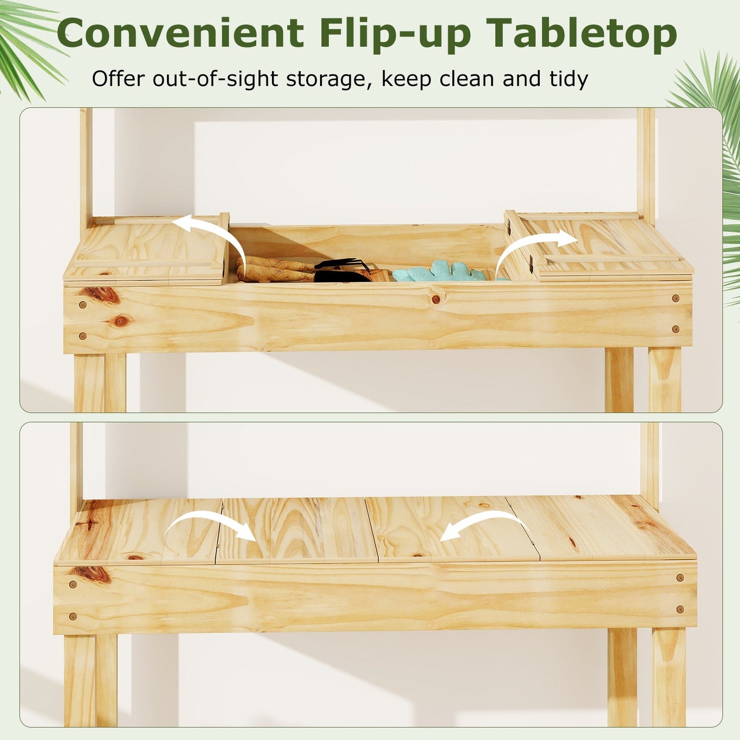 Wooden Potting Bench Table Garden Planting Workstation with 3-Tier Open Shelf
