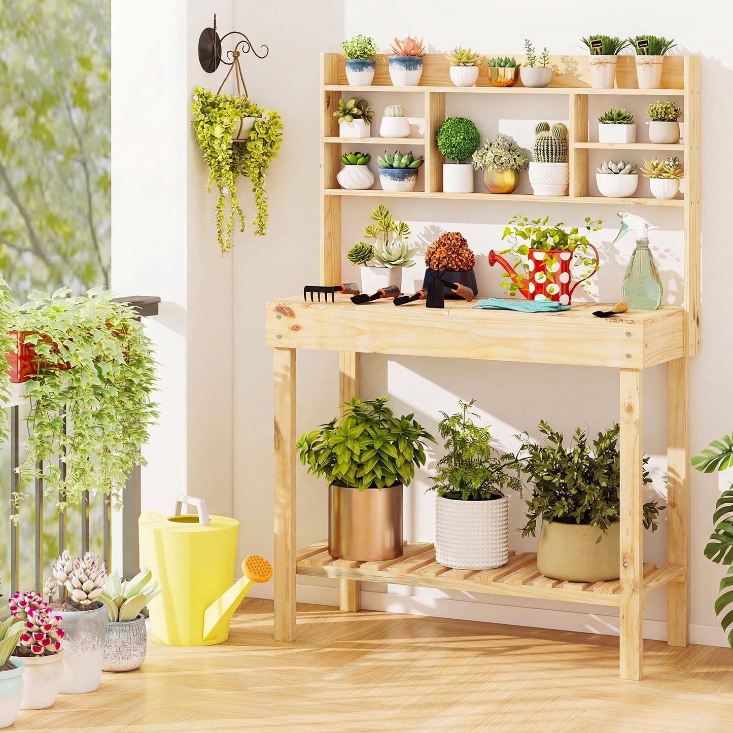 Wooden Potting Bench Table Garden Planting Workstation with 3-Tier Open Shelf