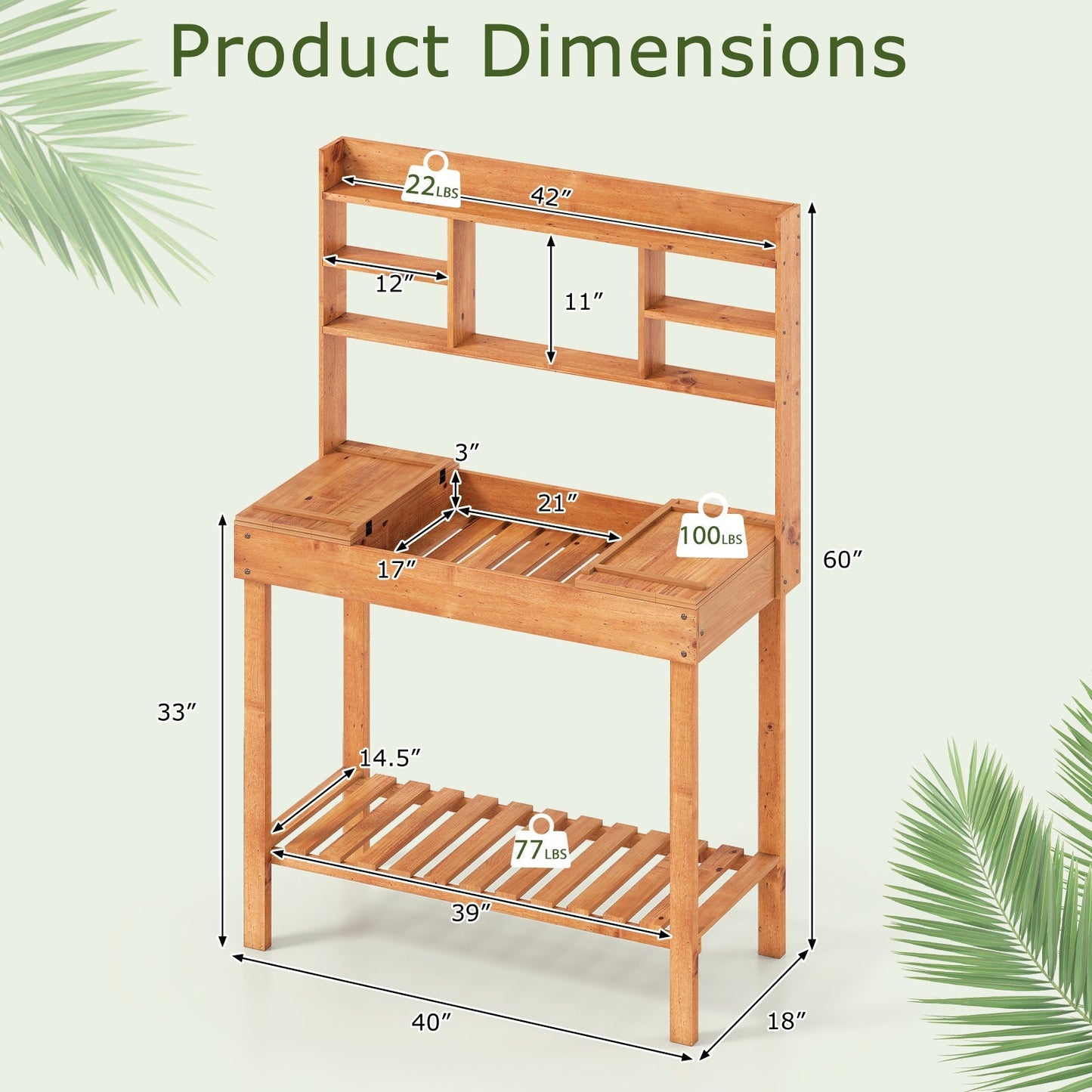Wooden Potting Bench Table Garden Planting Workstation with 3-Tier Open Shelf