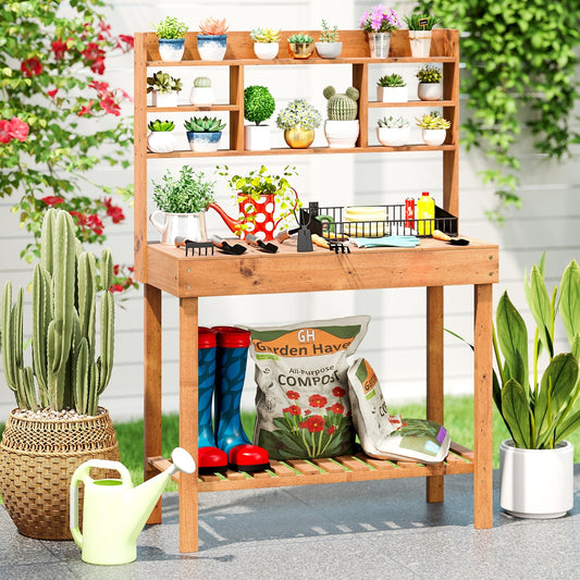 Wooden Potting Bench Table Garden Planting Workstation with 3-Tier Open Shelf