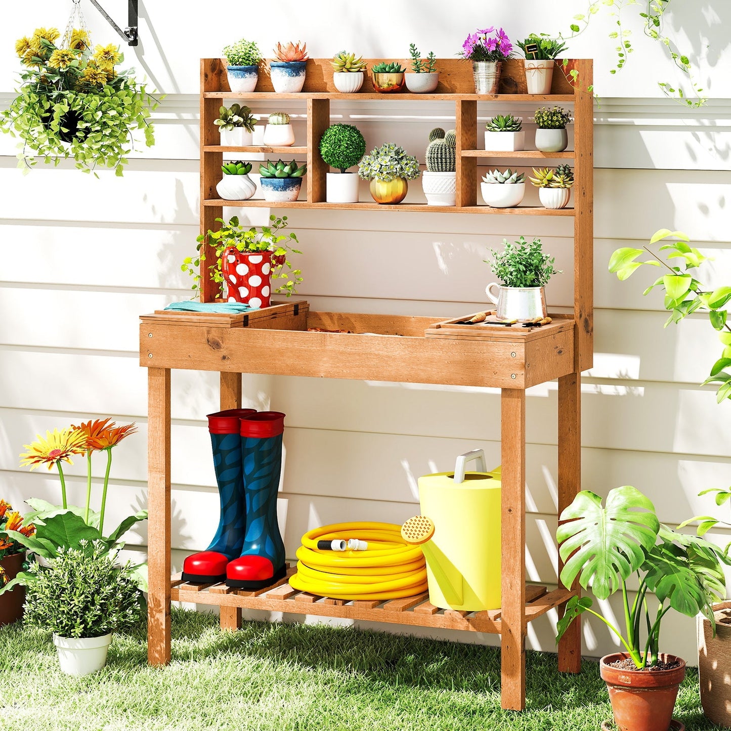 Wooden Potting Bench Table Garden Planting Workstation with 3-Tier Open Shelf