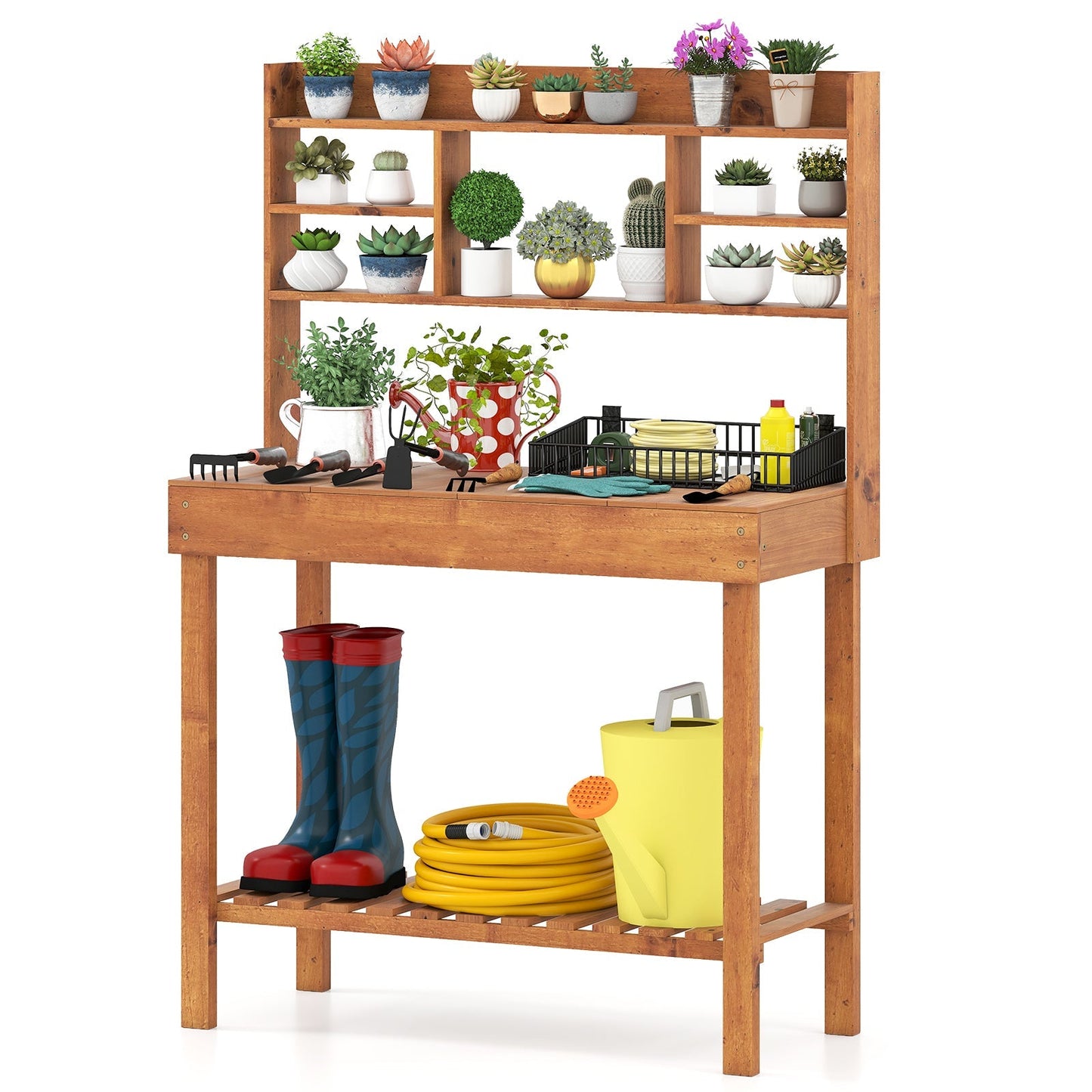 Wooden Potting Bench Table Garden Planting Workstation with 3-Tier Open Shelf