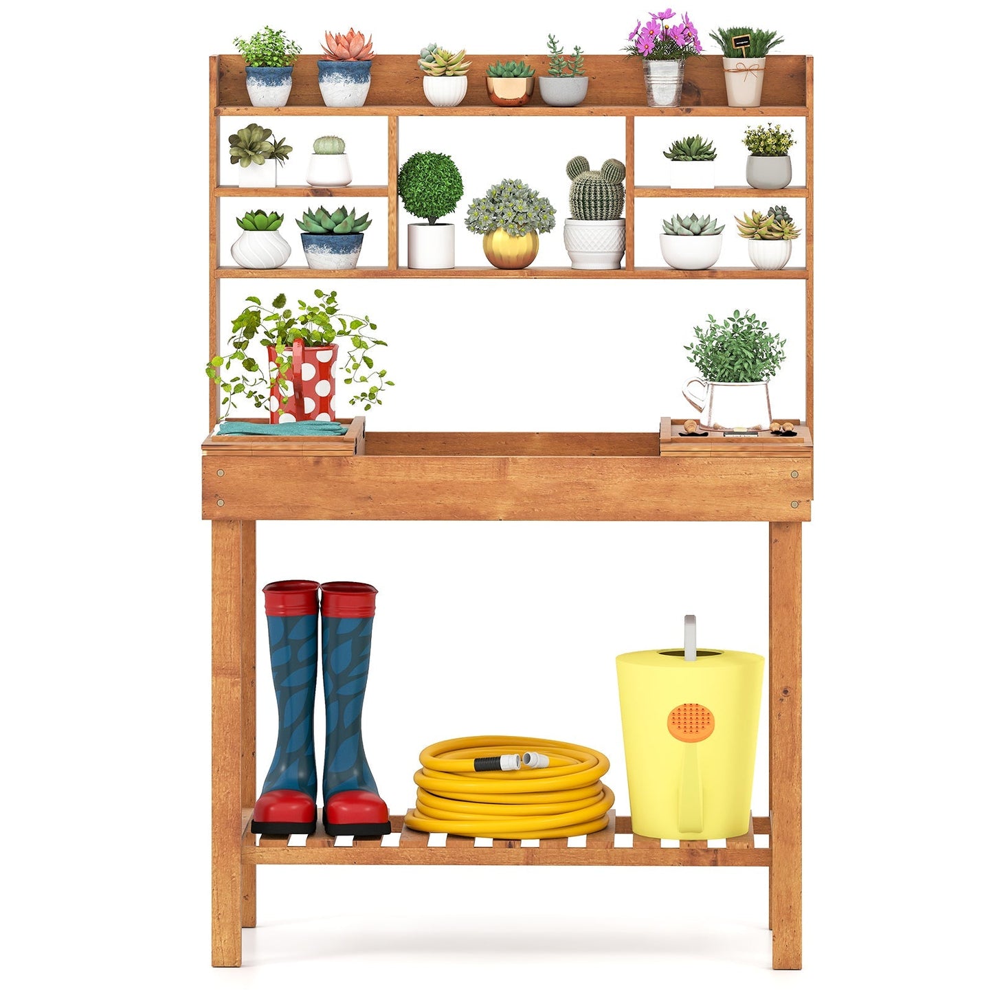 Wooden Potting Bench Table Garden Planting Workstation with 3-Tier Open Shelf