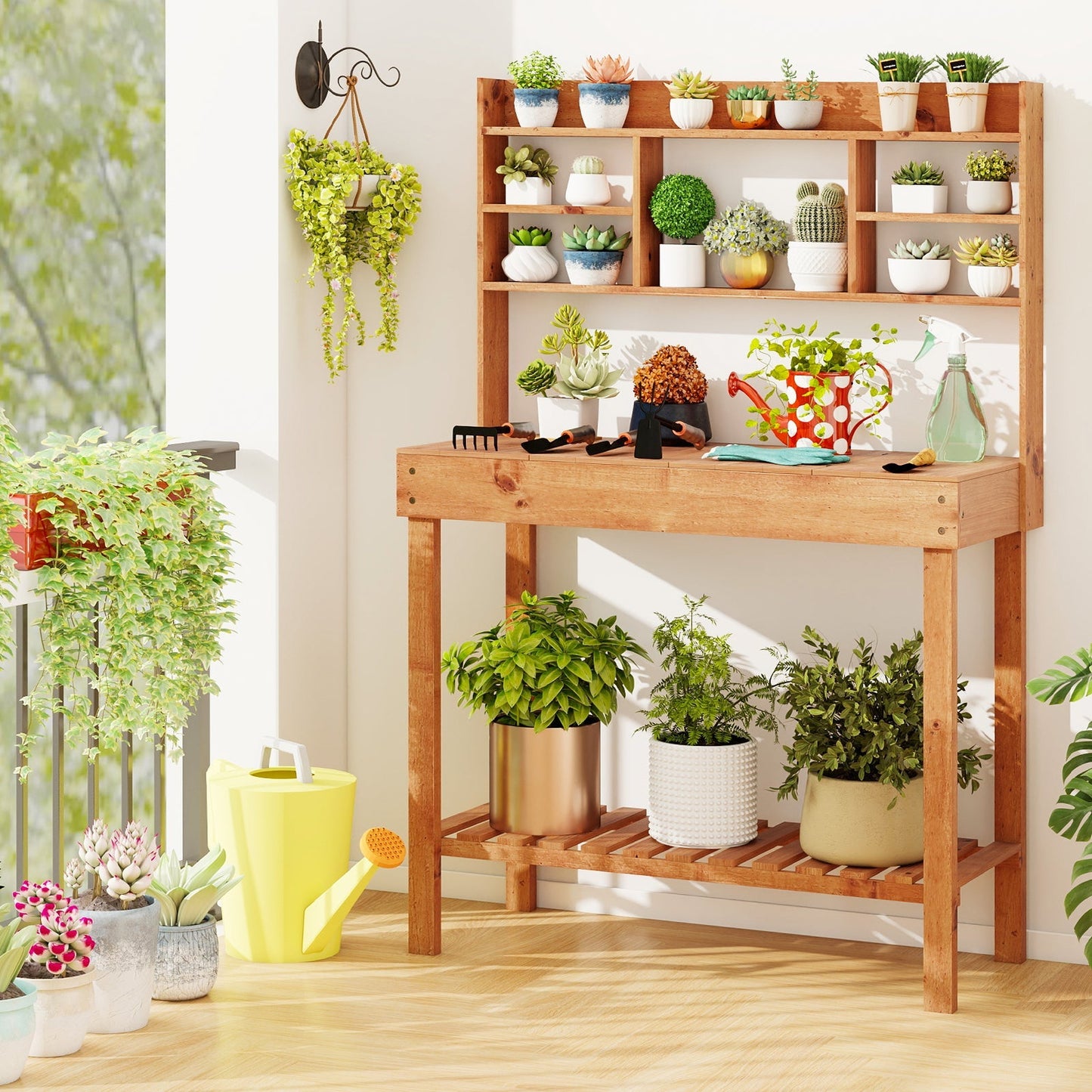 Wooden Potting Bench Table Garden Planting Workstation with 3-Tier Open Shelf