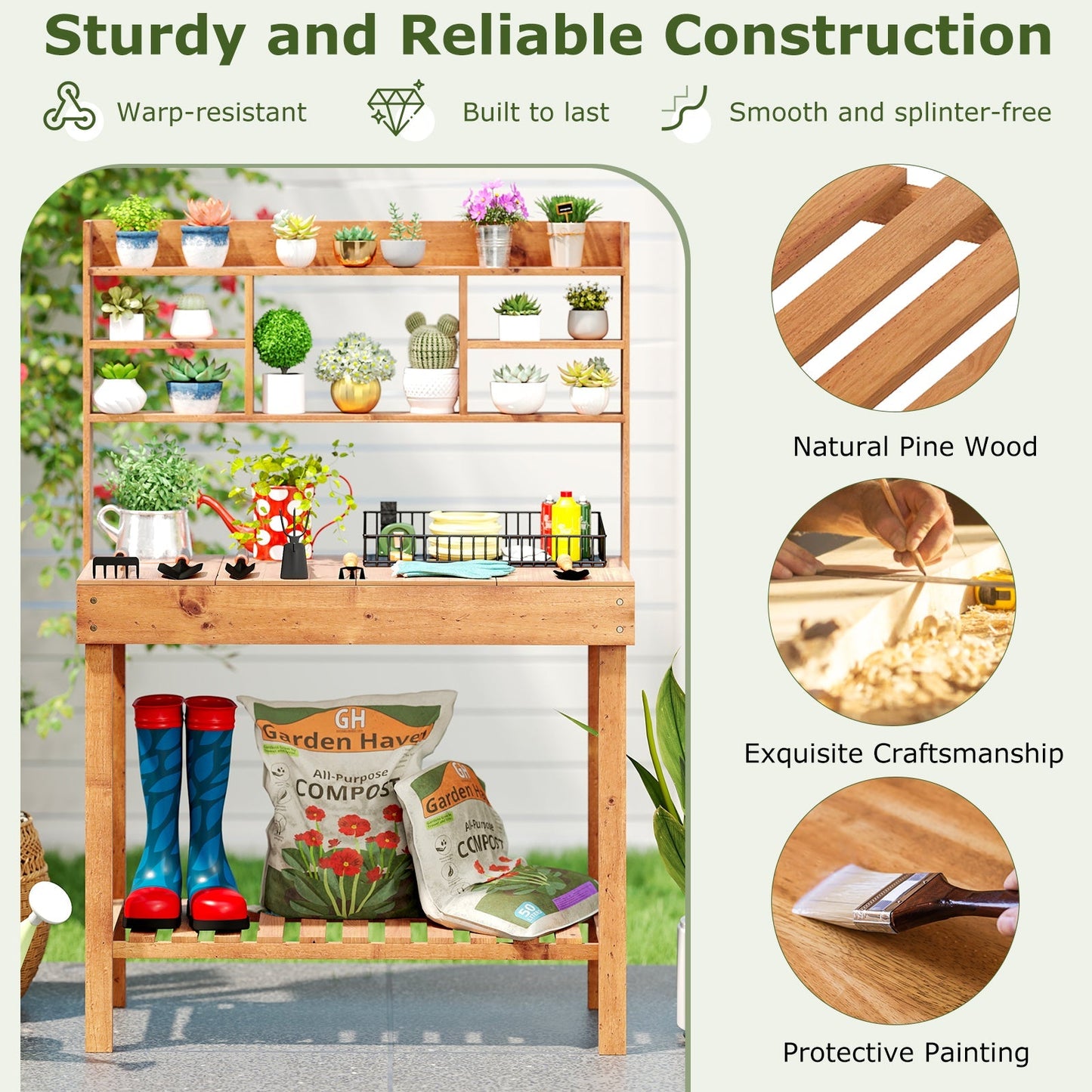Wooden Potting Bench Table Garden Planting Workstation with 3-Tier Open Shelf