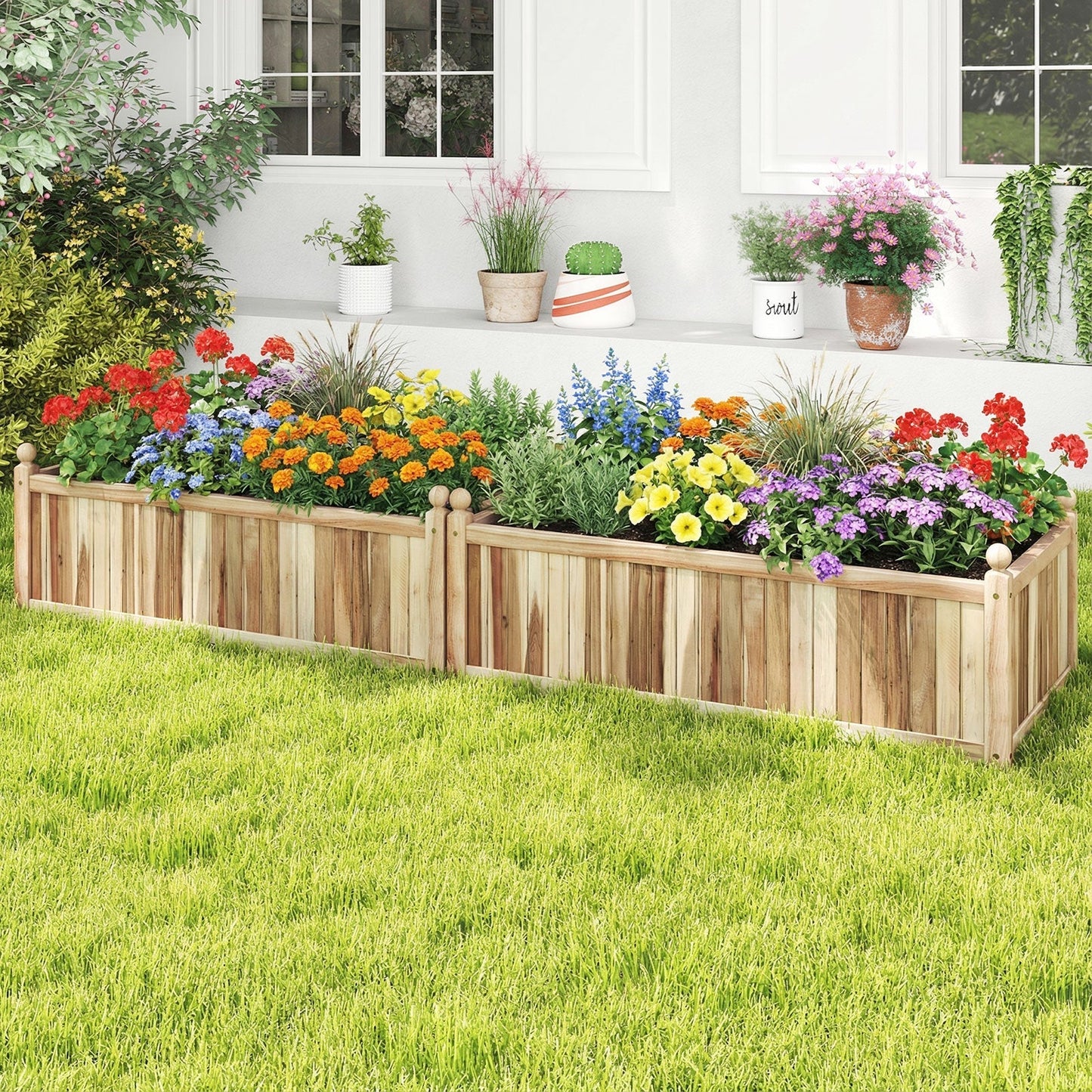 Wooden Raised Garden Bed Natural Acacia Wood Rectangular Planter Box with Liner-Natural