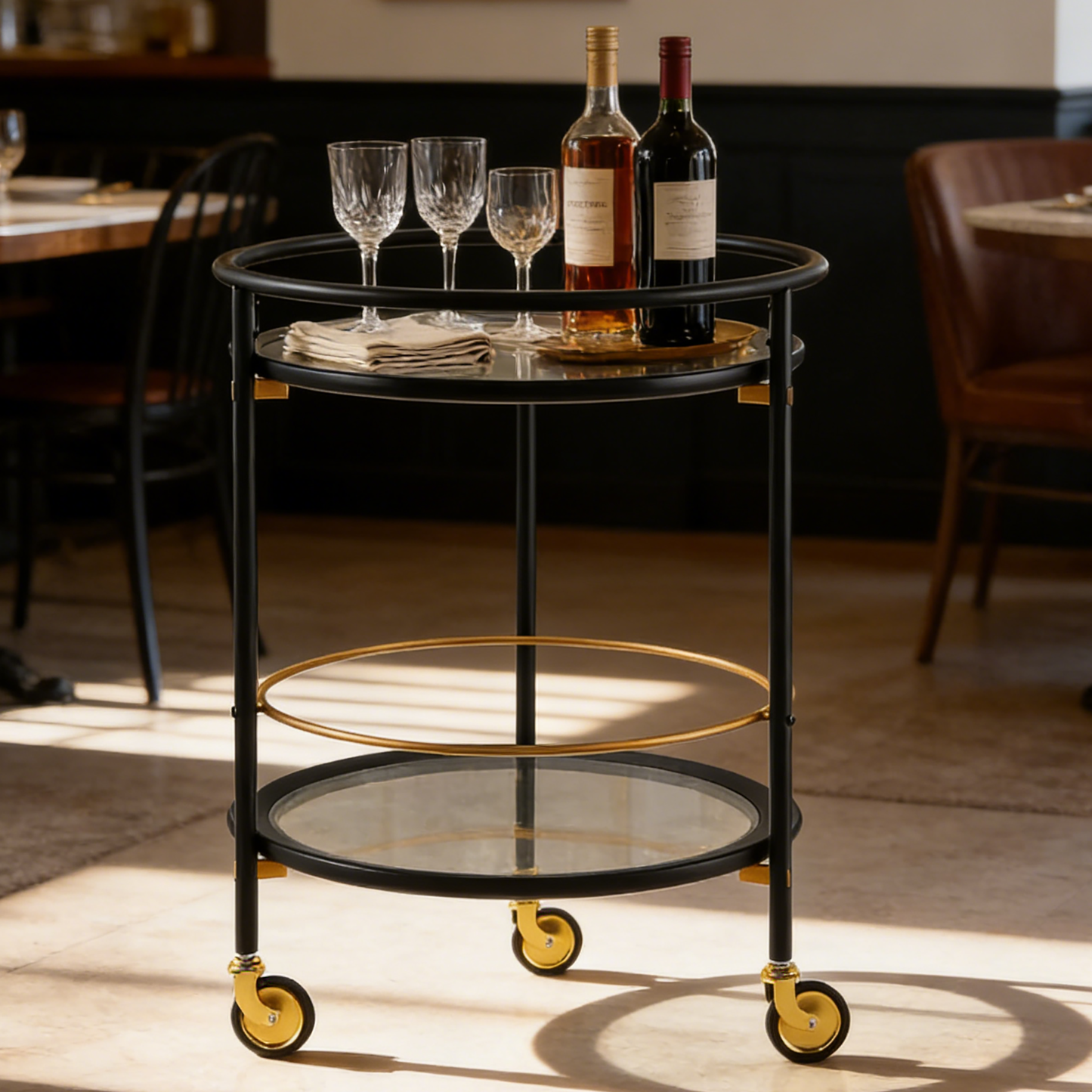 Modern Round Bar Cart with Tempered Glass Shelves
