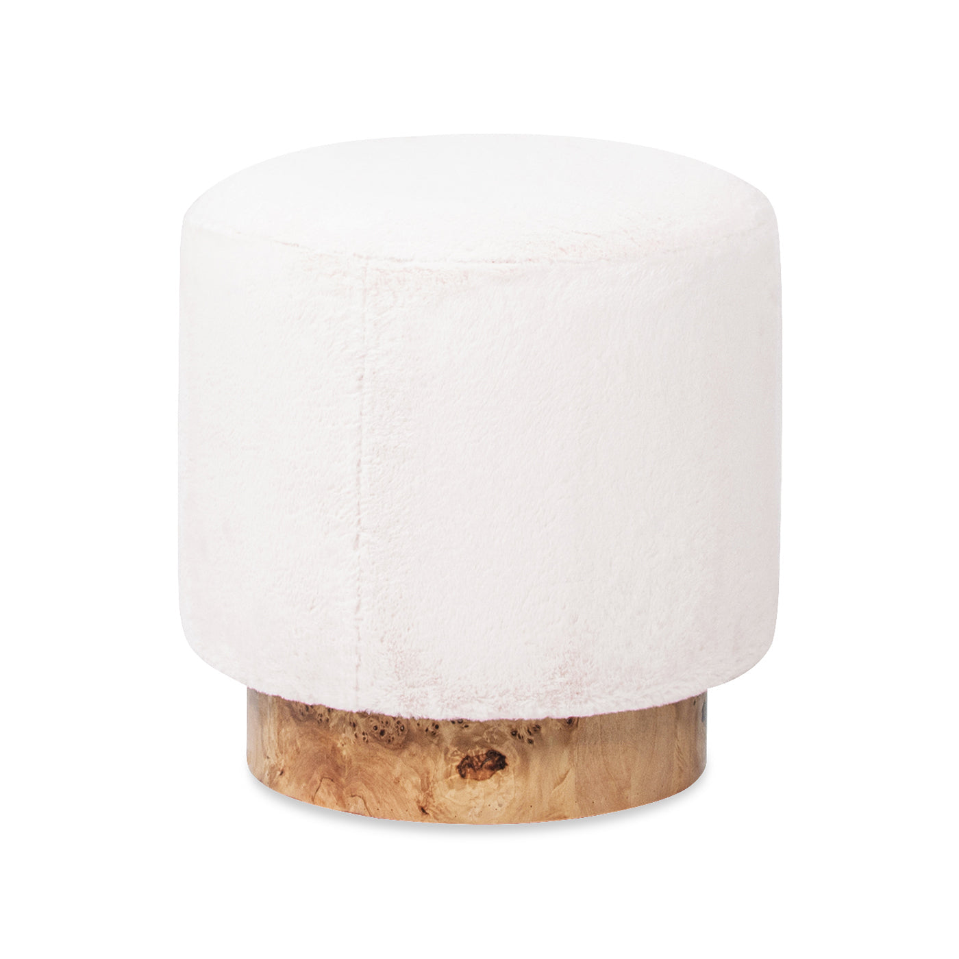 Tilly 16.5" Round Fur Upholstered & Burl Pouf Ottoman