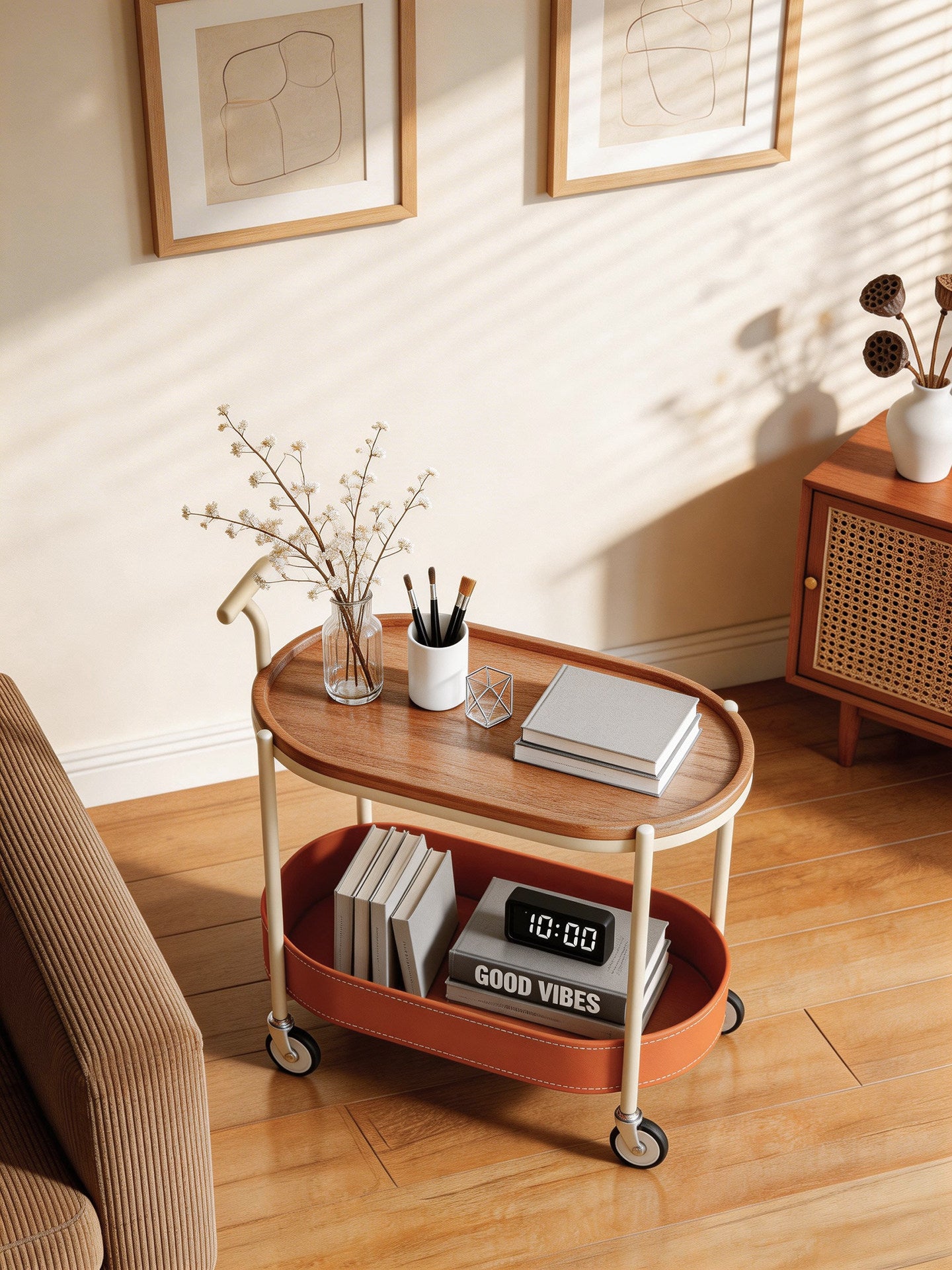Vintage Movable Sofa Trolley Side Table with Storage