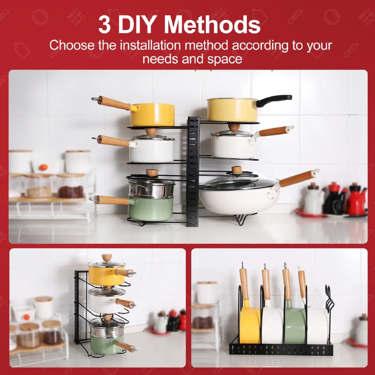 Adjustable Pot Rack and Pan Organizer for Kitchen Storage