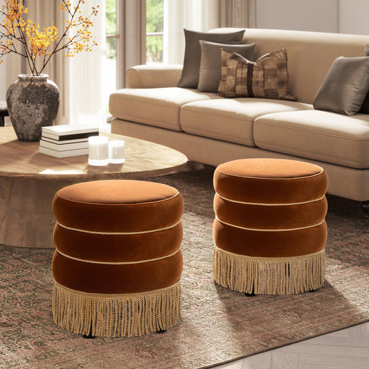 Edward 17.5" Round Upholstered Ottoman with Bullion Fringe