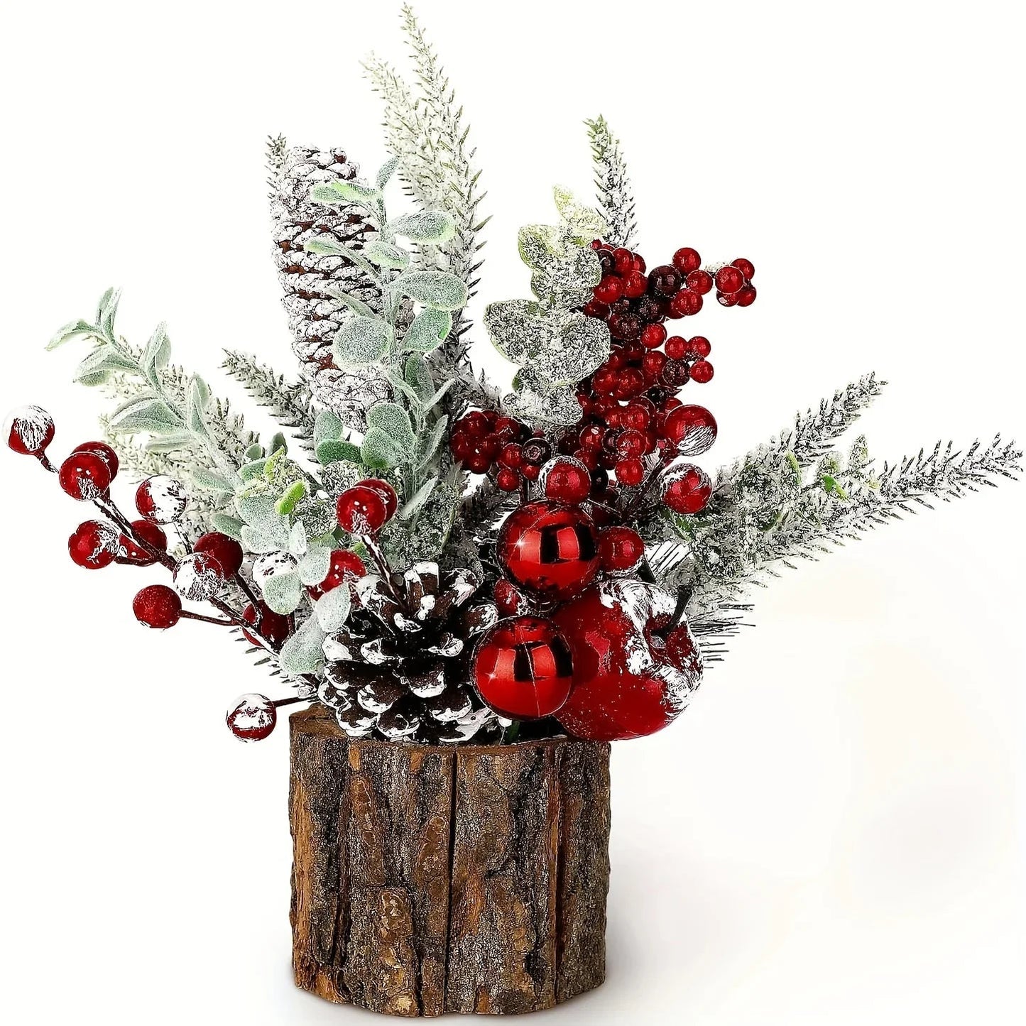 Artificial Mini Christmas Tree Centerpiece with Red Berries, Pine Cones, and Greenery in Faux Tree Stump