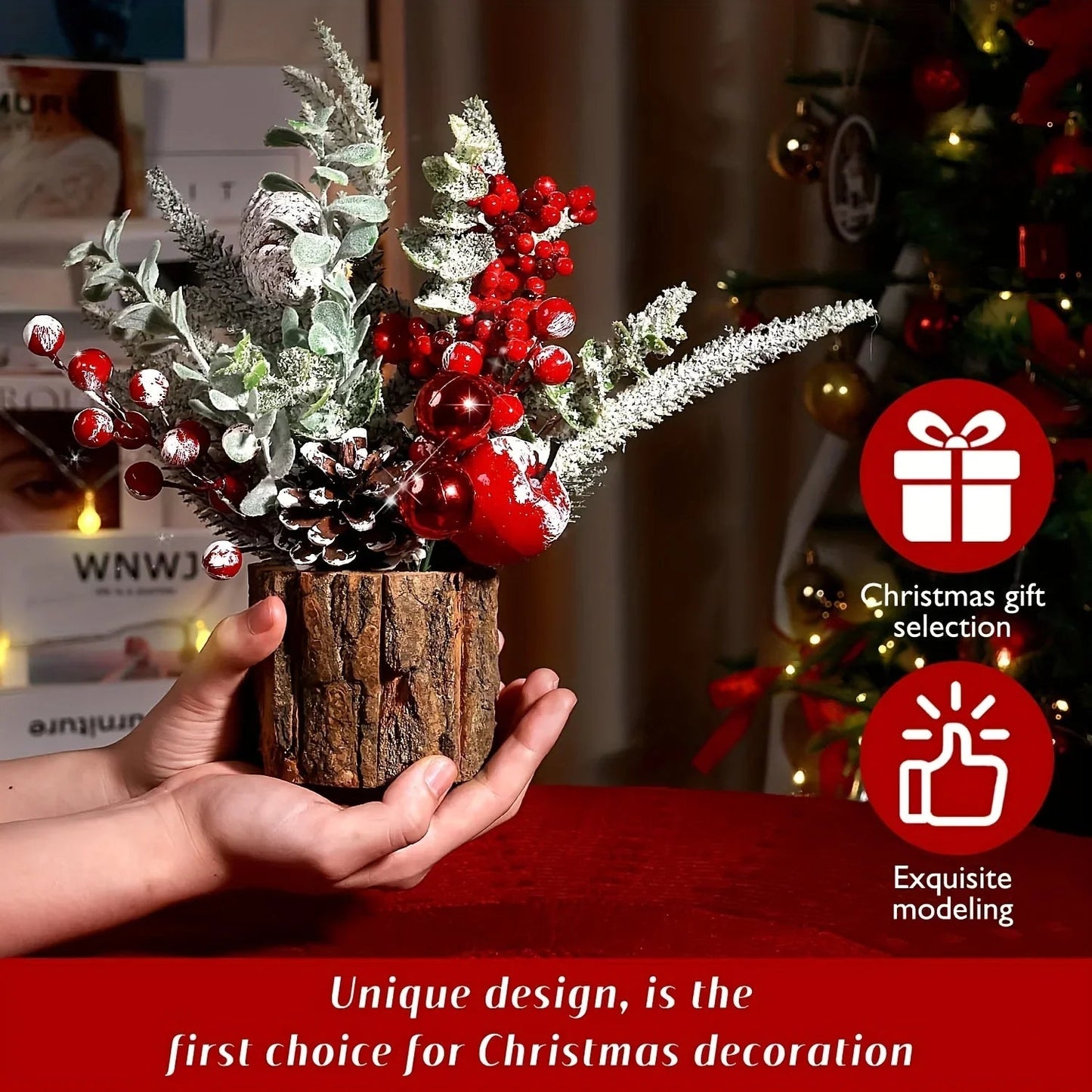 Artificial Mini Christmas Tree Centerpiece with Red Berries, Pine Cones, and Greenery in Faux Tree Stump