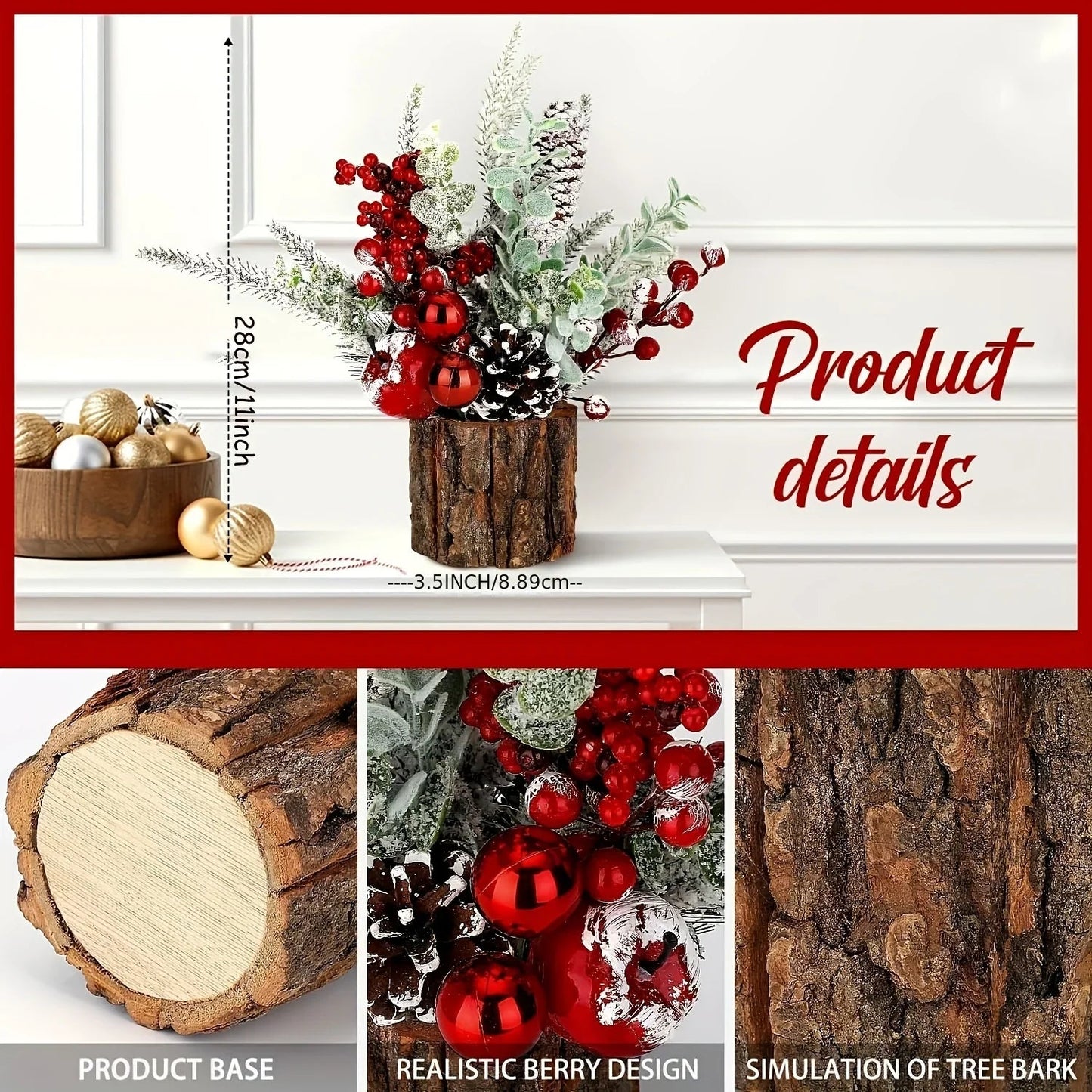 Artificial Mini Christmas Tree Centerpiece with Red Berries, Pine Cones, and Greenery in Faux Tree Stump