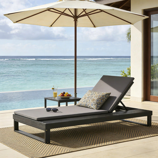 Black Acacia Wood Chaise Lounge with 1.57-Inch Cushion