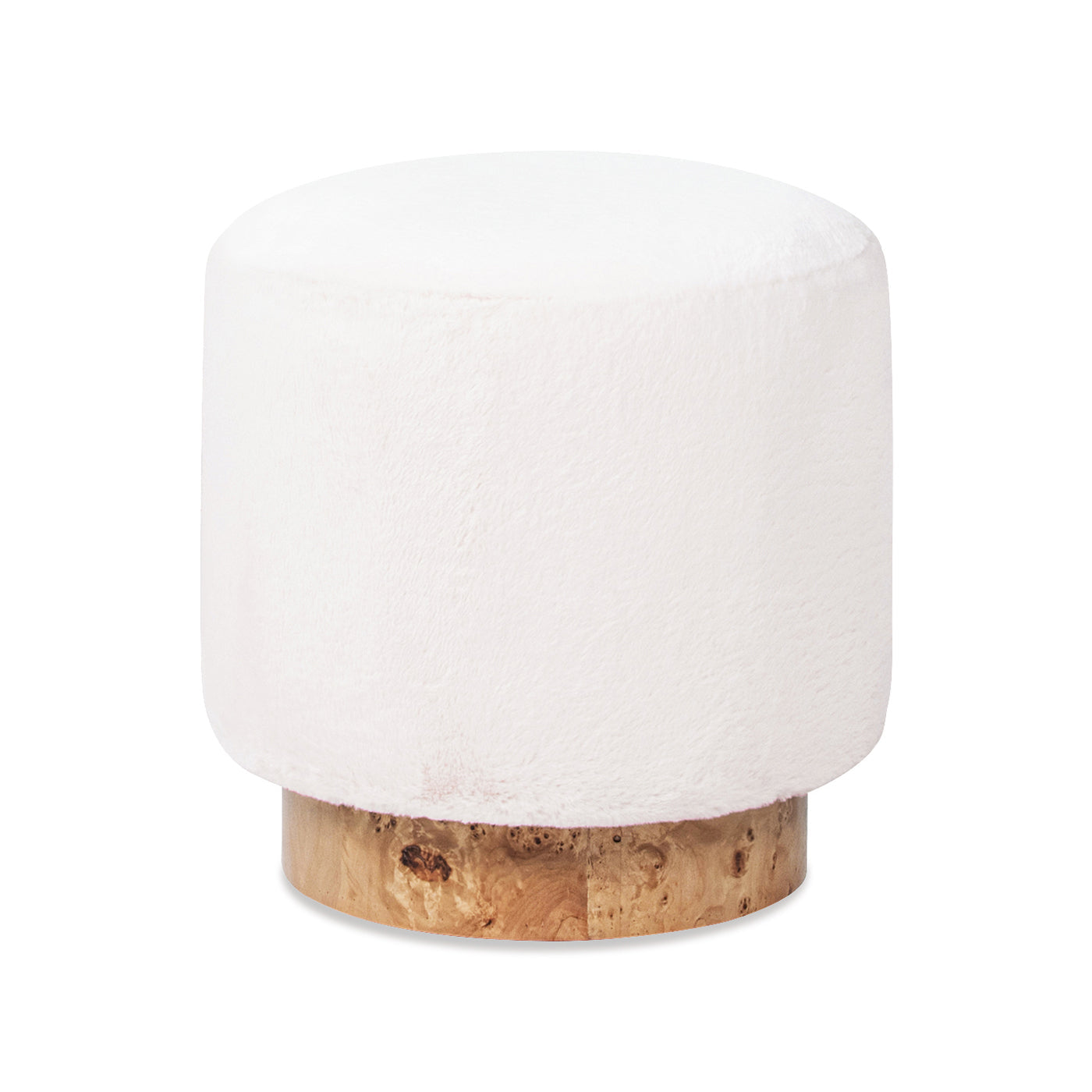 Tilly 16.5" Round Fur Upholstered & Burl Pouf Ottoman
