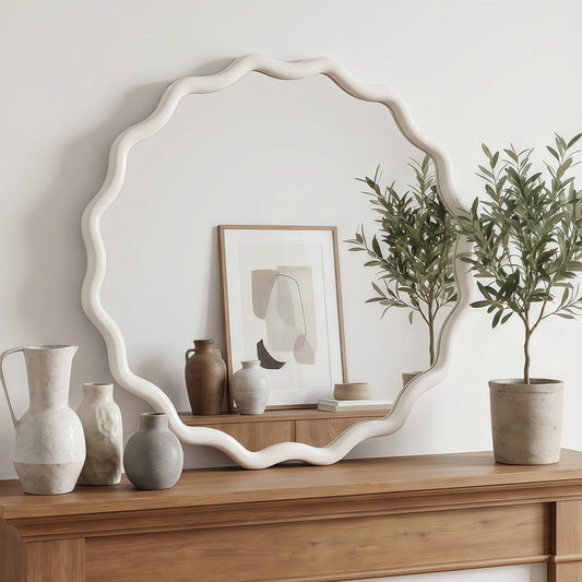 White 24 inch Wavy Round Solid Wood Frame Decorative Mirror