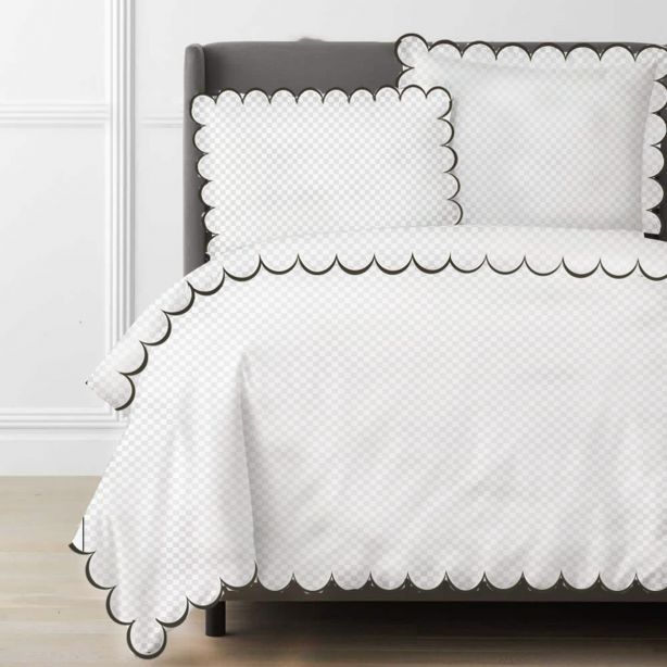 Allena 400TC Cotton Scallop Embroidery Sateen Microcheck Duvet Cover Set