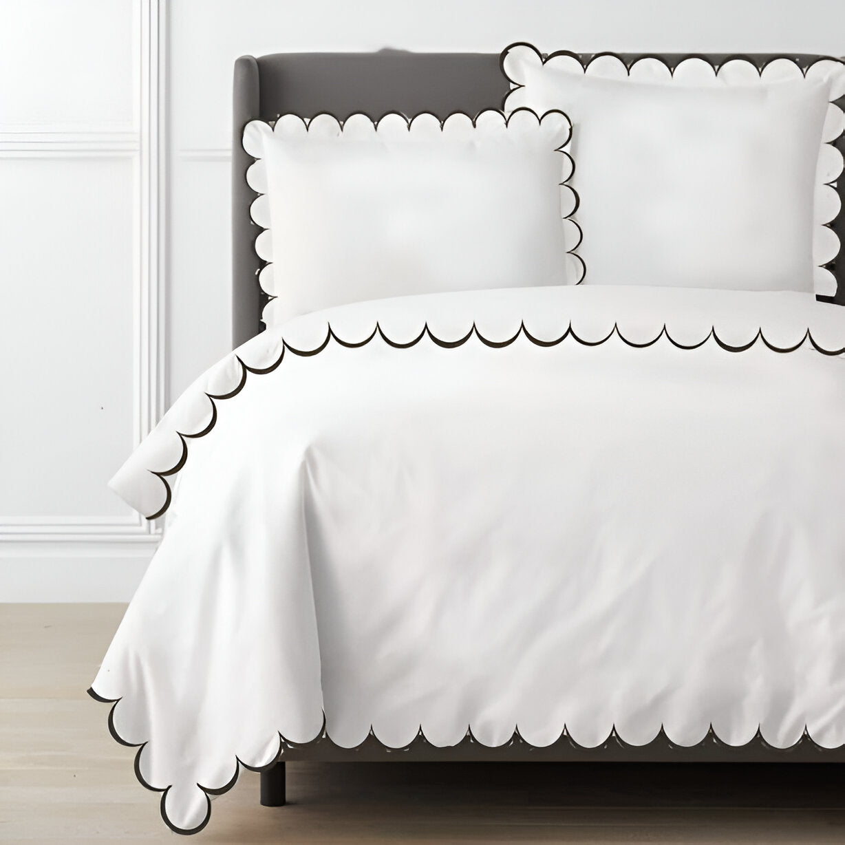 Allena 400TC Cotton Scallop Embroidery Sateen Solid Duvet Cover Set