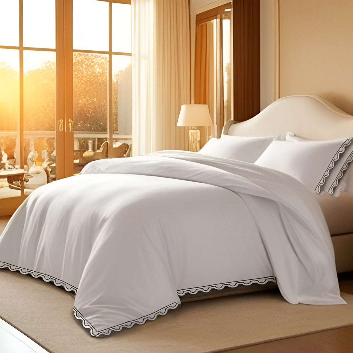 400TC U Shape Scallop Embroidery Cotton Duvet Cover Set