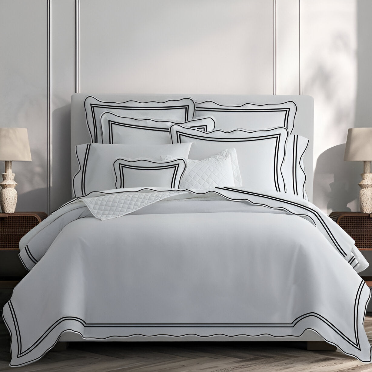 400TC Wavy Embroidery & Border Cotton Sateen Solid Duvet Cover Set
