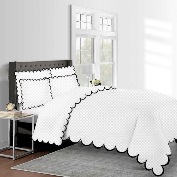 Allena 400TC Cotton Scallop Embroidery Sateen Microcheck Duvet Cover Set