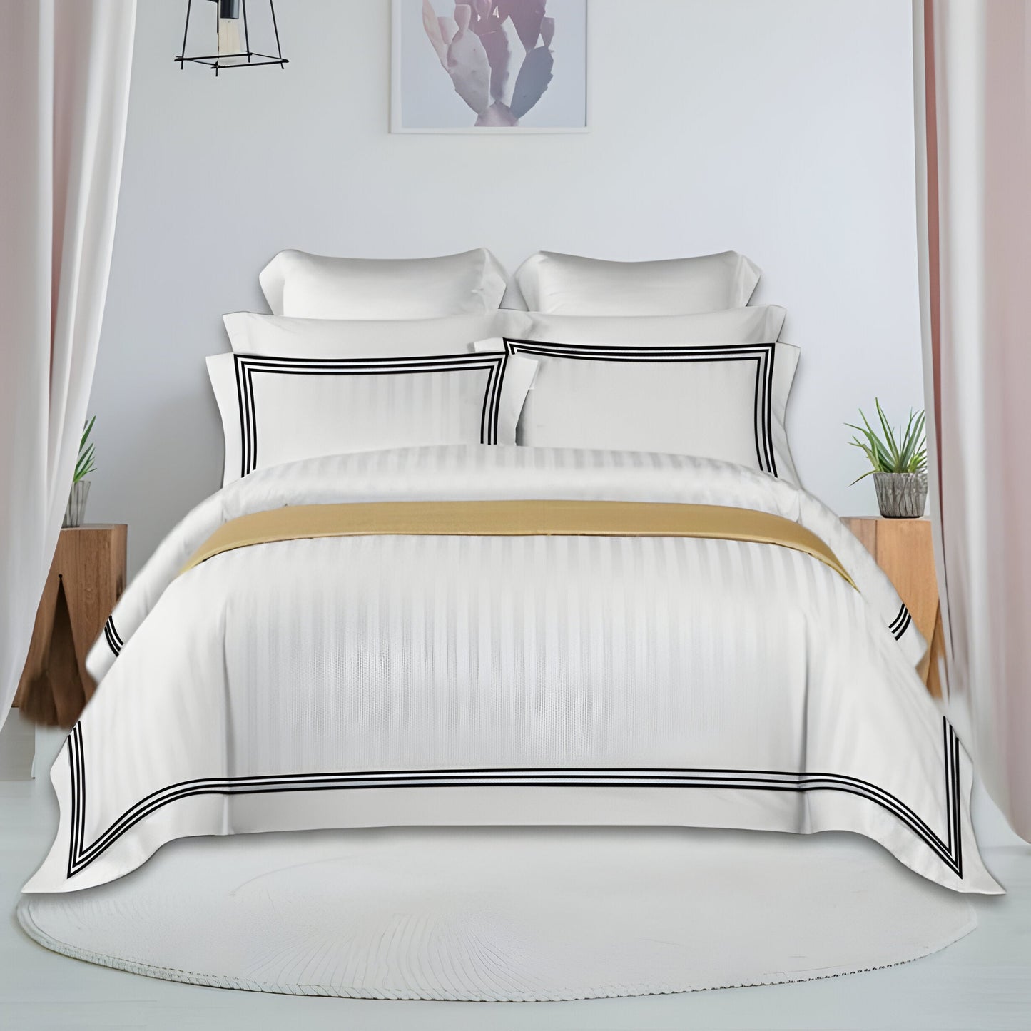 400TC Cotton Sateen Triple Edge Embroidery Stripe Duvet Cover Set