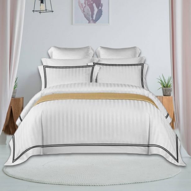 400TC Cotton Double Edge Embroidery Sateen Stripe Duvet Cover Set