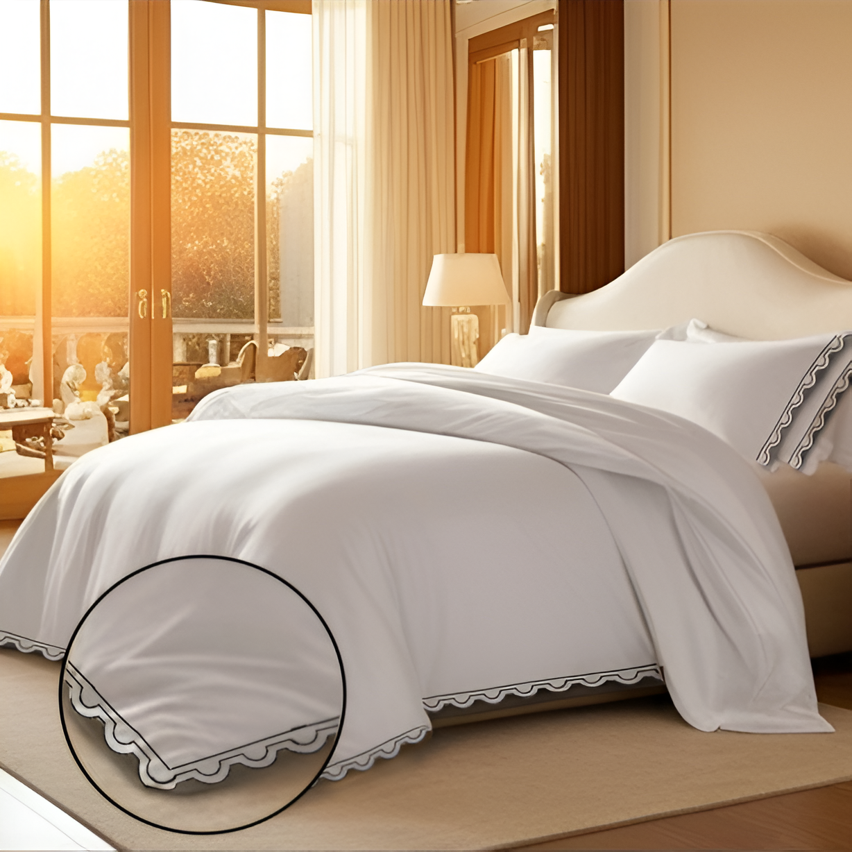 400TC U Shape Scallop Embroidery Cotton Duvet Cover Set