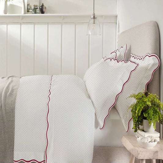400TC Cotton Scallop Embroidery Sateen Microcheck Duvet Cover Set