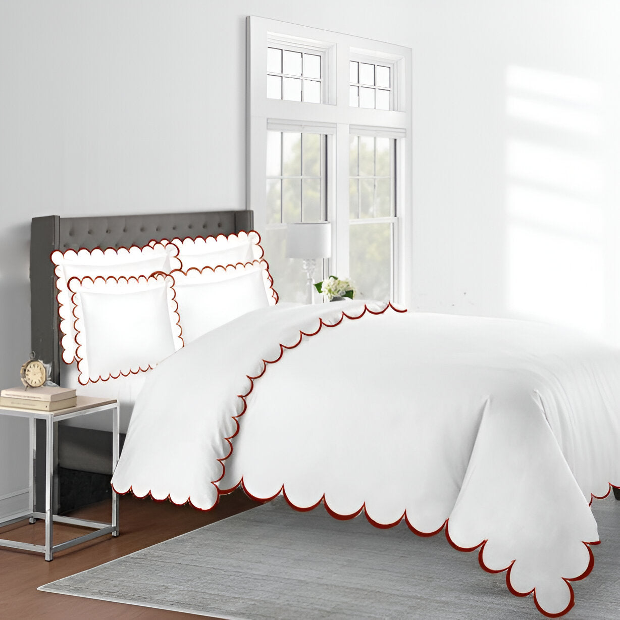Allena 400TC Cotton Scallop Embroidery Sateen Solid Duvet Cover Set