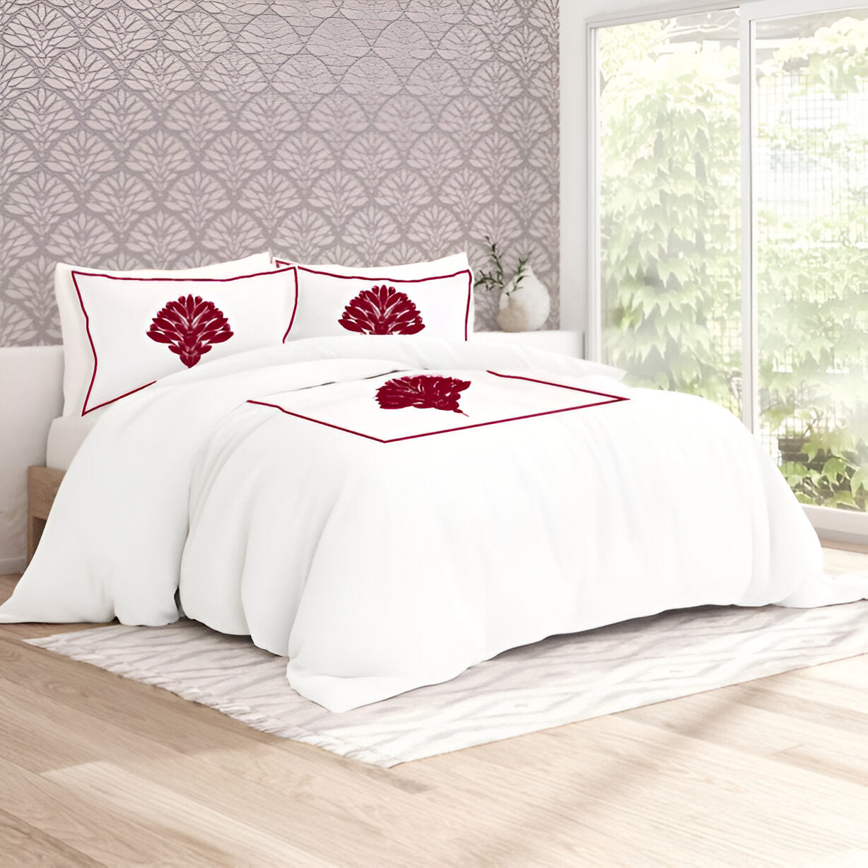 Leafy Embroidered Cotton Sateen Duvet Cover Set