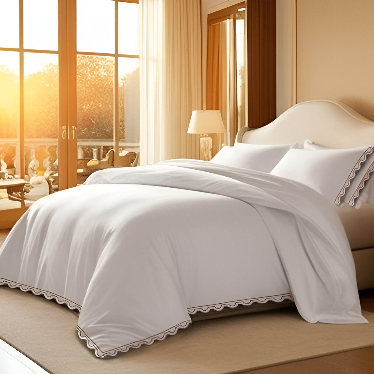 400TC U Shape Scallop Embroidery Cotton Duvet Cover Set