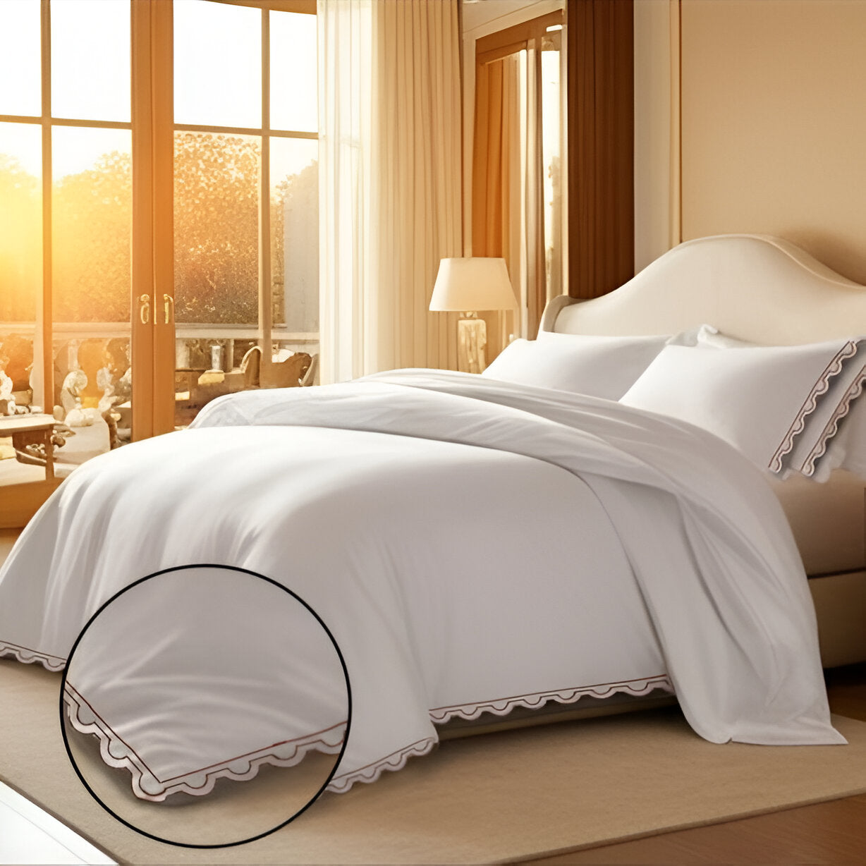 400TC U Shape Scallop Embroidery Cotton Duvet Cover Set