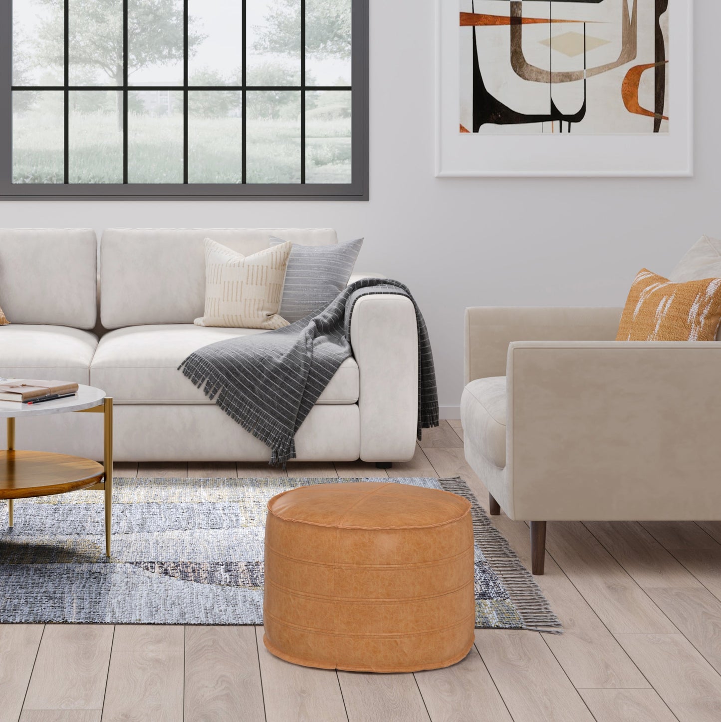 Brody 20 Inch Wide Round Pouf in Distressed