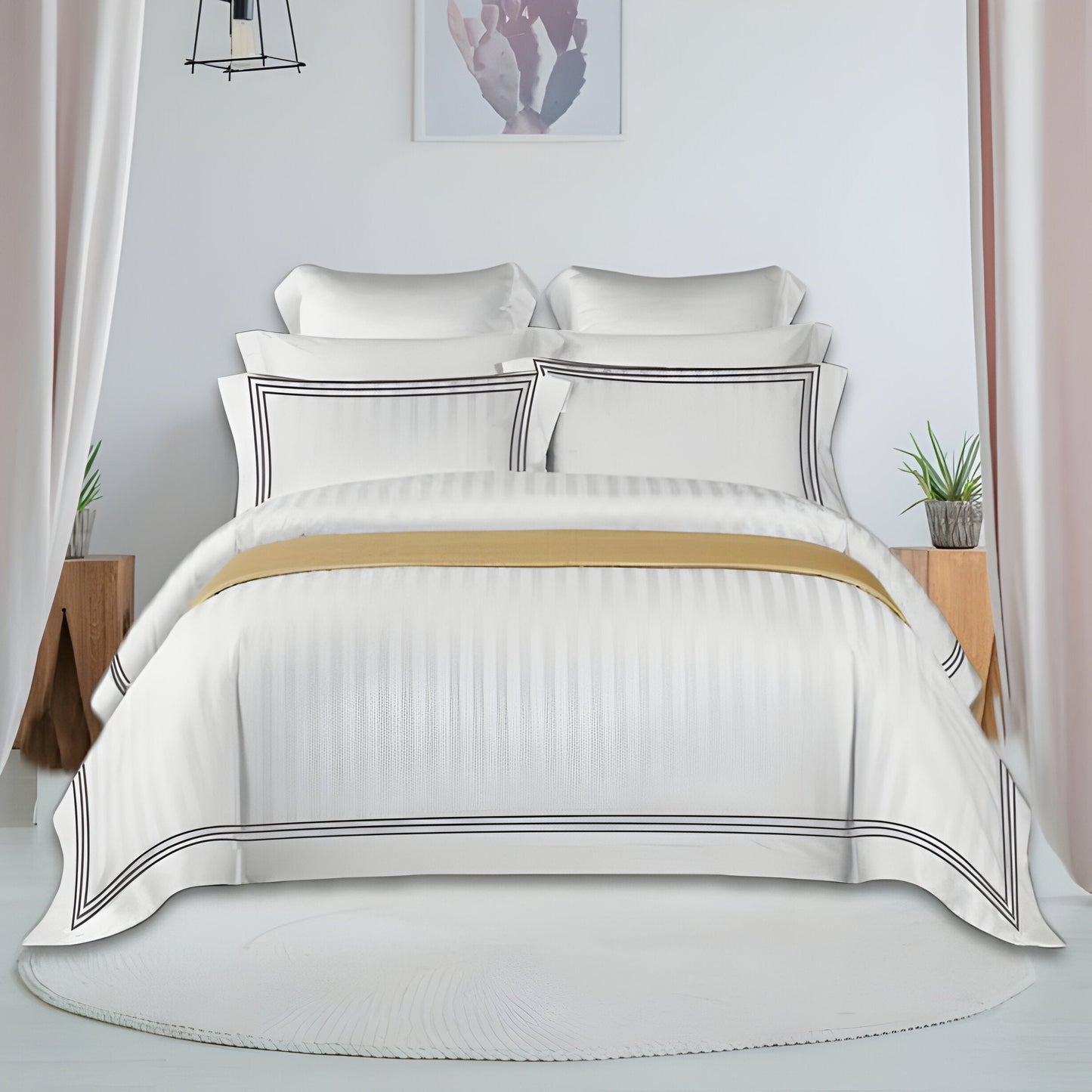 400TC Cotton Sateen Triple Edge Embroidery Stripe Duvet Cover Set
