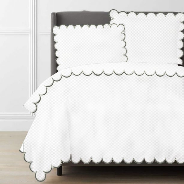 Allena 400TC Cotton Scallop Embroidery Sateen Microcheck Duvet Cover Set
