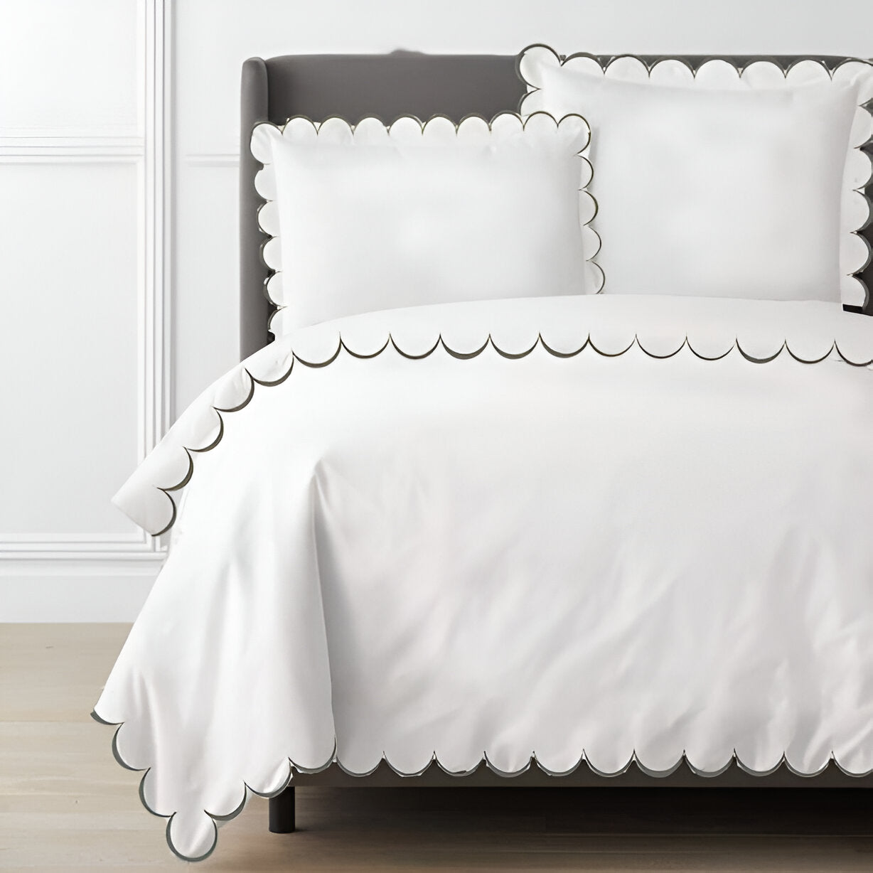 Allena 400TC Cotton Scallop Embroidery Sateen Solid Duvet Cover Set