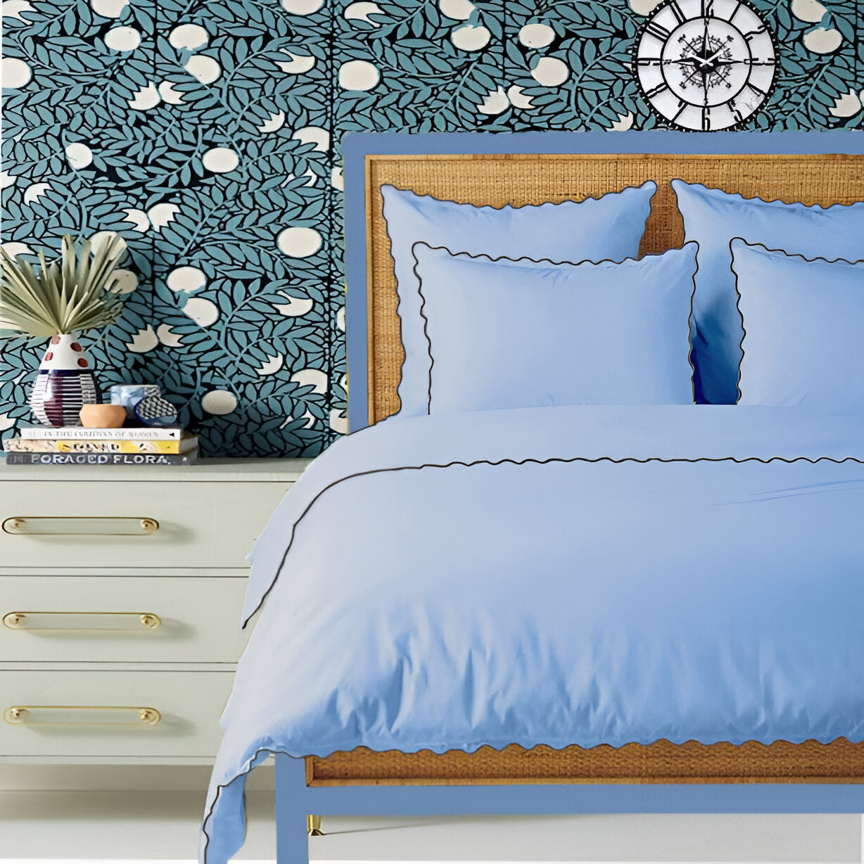 Light Blue 400TC Cotton Small Scallop Embroidery Duvet Cover Set