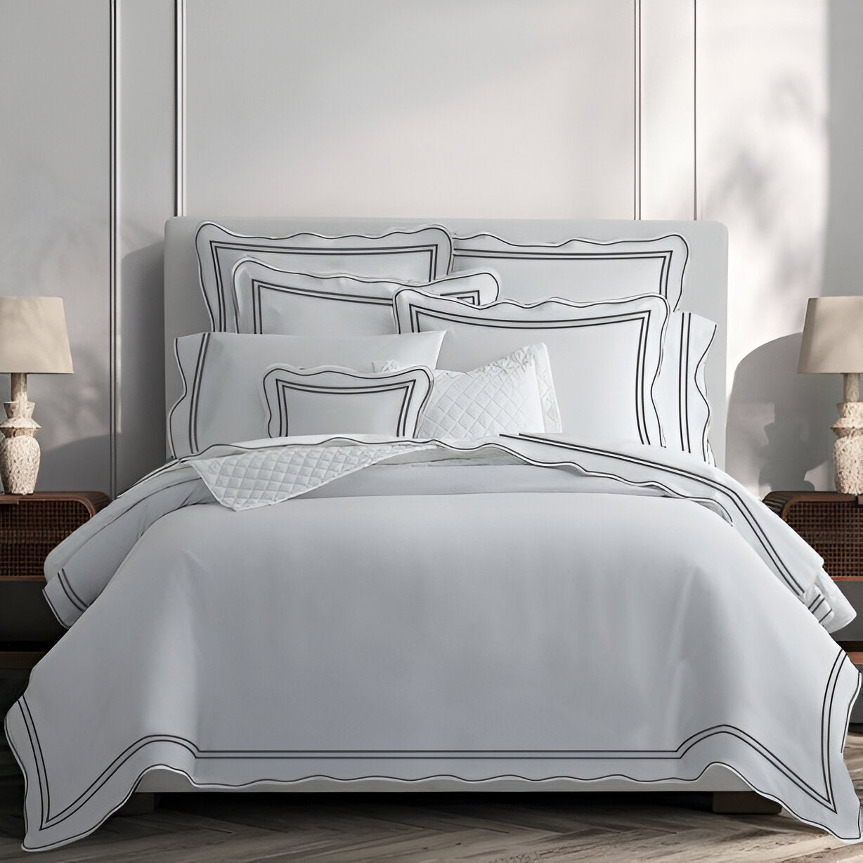 400TC Wavy Embroidery & Border Cotton Sateen Solid Duvet Cover Set