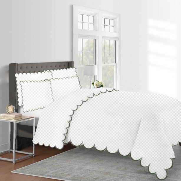 Allena 400TC Cotton Scallop Embroidery Sateen Microcheck Duvet Cover Set