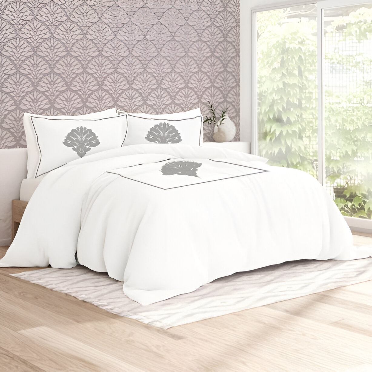 Leafy Embroidered Cotton Sateen Duvet Cover Set