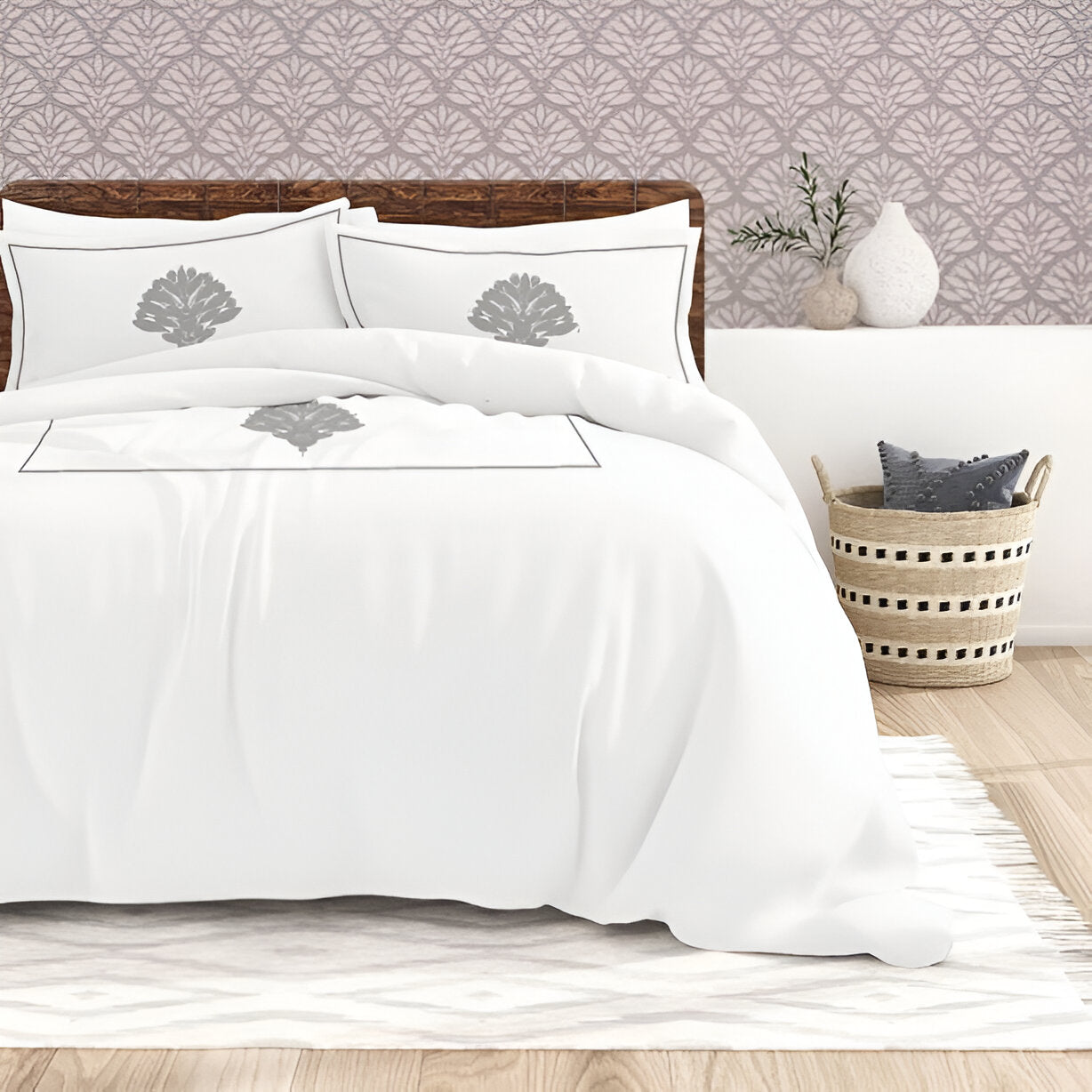 Leafy Embroidered Cotton Sateen Duvet Cover Set
